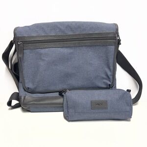 Levenger Staff Bag Messenger Crossbody Carry On Blue Jean Black Leather Accent